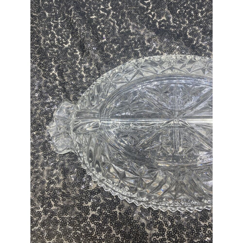 Vintage Crystal Cut Glass Divided Dish Scallop Edge Candy Pickle Trinket 10”x 6” - Picture 11 of 11